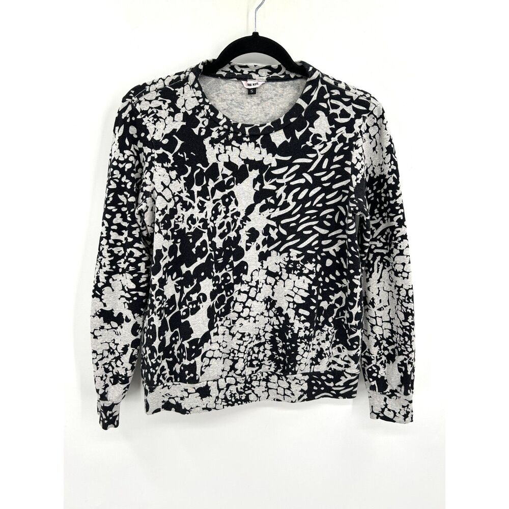 THE KIT Black Gray Abstract Animal Print Crew Neck Pullover Sweatshirt Small